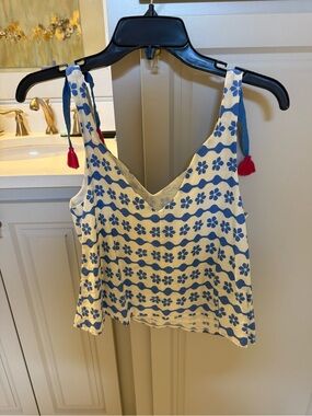 BURU Blue and White Floral V-Neck Camisole with Pink Tassel Straps